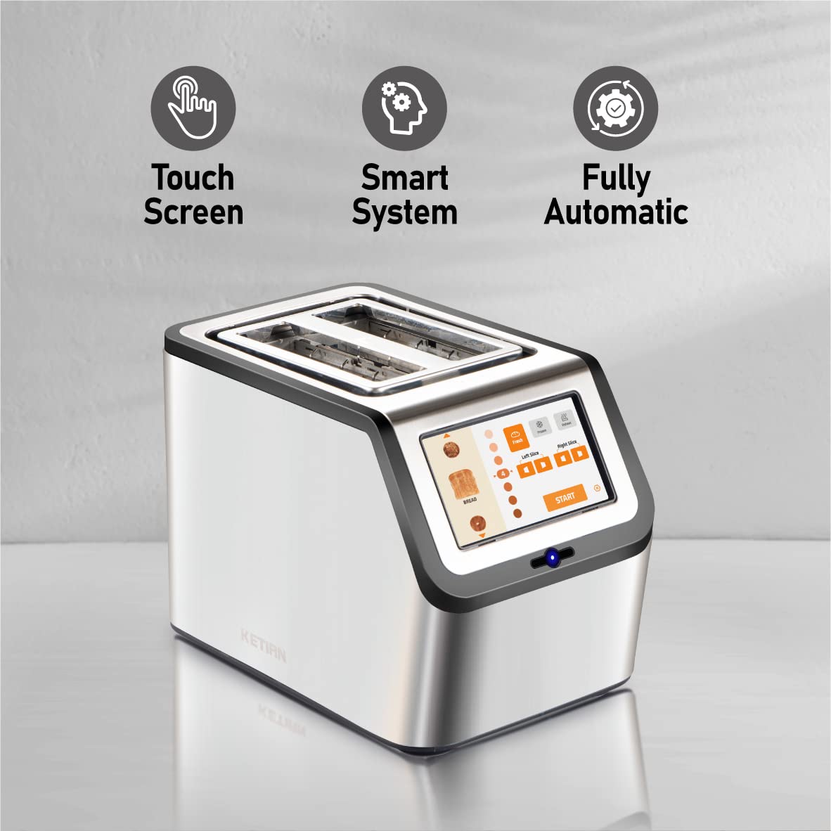 KETIAN Smart Toaster: touchscreen 2-slice toaster, fast heating, multiple settings, stainless steel design.