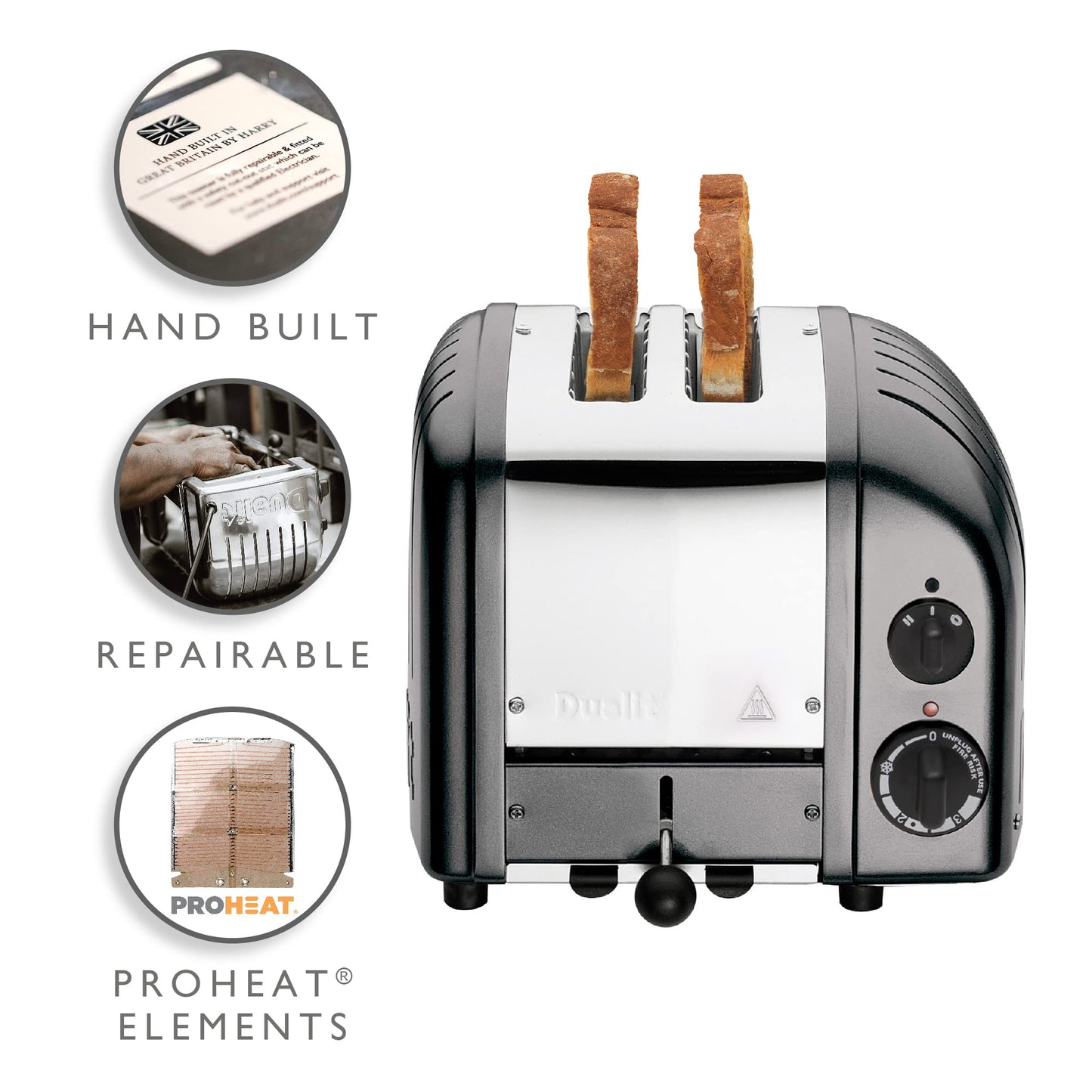 Dualit Classic Charcoal Toaster: 2-slice stainless steel toaster, handcrafted, replaceable elements, defrost, reliable performance.