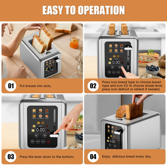 WUNLY Smart Toaster: 2-slice digital toaster, touchscreen, dual control panels, 6 settings, modern design.