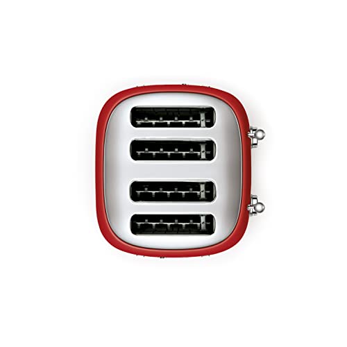 SMEG TSF03 Toaster: 4-slice retro toaster, 6 browning levels, wide slots, dual controls, stylish red design.