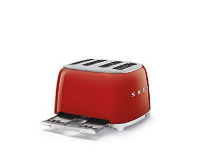 SMEG TSF03 Toaster: 4-slice retro toaster, 6 browning levels, wide slots, dual controls, stylish red design.
