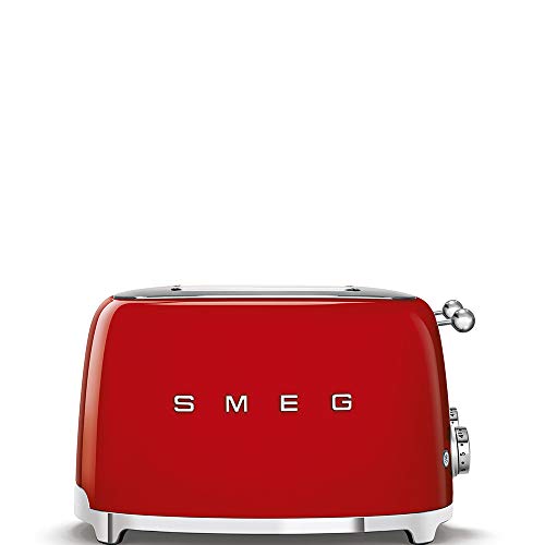 SMEG TSF03 Toaster: 4-slice retro toaster, 6 browning levels, wide slots, dual controls, stylish red design.