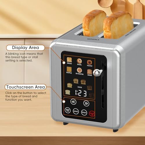 WHALL Touchscreen Toaster: 2-slice smart toaster, digital timer, 6 bread types, wide slots, defrost and cancel functions.