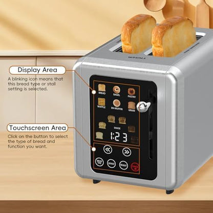 WHALL Touchscreen Toaster: 2-slice smart toaster, digital timer, 6 bread types, wide slots, defrost and cancel functions.