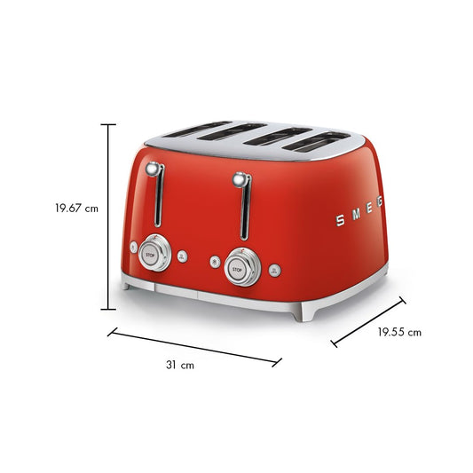 SMEG TSF03 Toaster: 4-slice retro toaster, 6 browning levels, wide slots, dual controls, stylish red design.