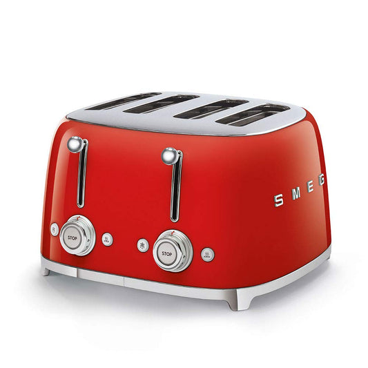 SMEG TSF03 Toaster: 4-slice retro toaster, 6 browning levels, wide slots, dual controls, stylish red design.
