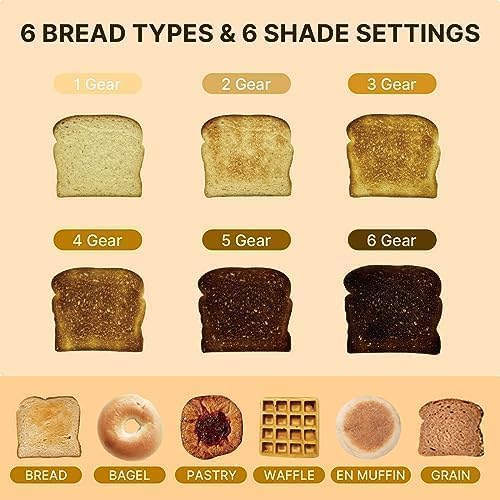 WHALL Touchscreen Toaster: 2-slice smart toaster, digital timer, 6 bread types, wide slots, defrost and cancel functions.