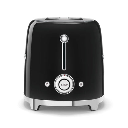 SMEG TSF01 Toaster: 2-slice retro toaster with sandwich racks, 6 levels, defrost, bagel mode, stylish black finish.