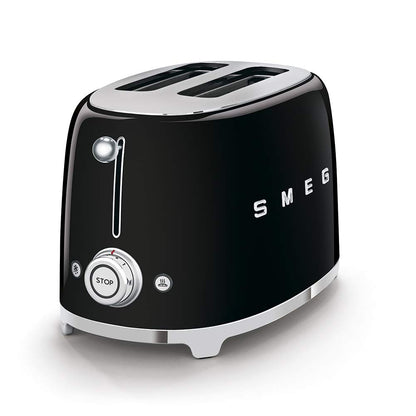 SMEG TSF01 Toaster: 2-slice retro toaster with sandwich racks, 6 levels, defrost, bagel mode, stylish black finish.