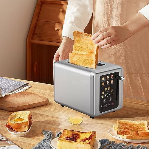 WHALL Touchscreen Toaster: 2-slice smart toaster, digital timer, 6 bread types, wide slots, defrost and cancel functions.