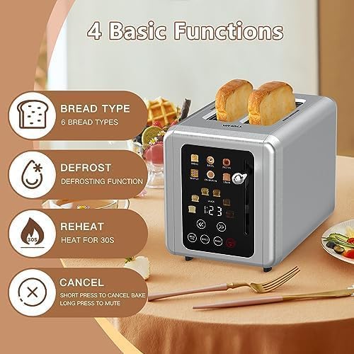 WHALL Touchscreen Toaster: 2-slice smart toaster, digital timer, 6 bread types, wide slots, defrost and cancel functions.