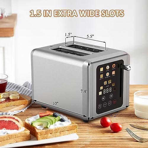 WHALL Touchscreen Toaster: 2-slice smart toaster, digital timer, 6 bread types, wide slots, defrost and cancel functions.