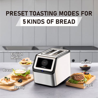 KETIAN Smart Toaster: touchscreen 2-slice toaster, fast heating, multiple settings, stainless steel design.