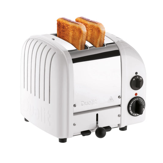 Dualit Classic White Toaster: 2-slice handmade toaster, replaceable elements, defrost, mechanical timer, durable premium design.
