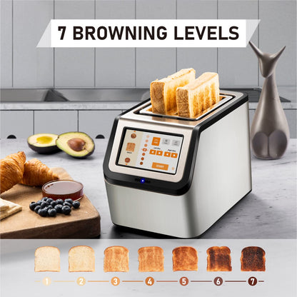 KETIAN Smart Toaster: touchscreen 2-slice toaster, fast heating, multiple settings, stainless steel design.