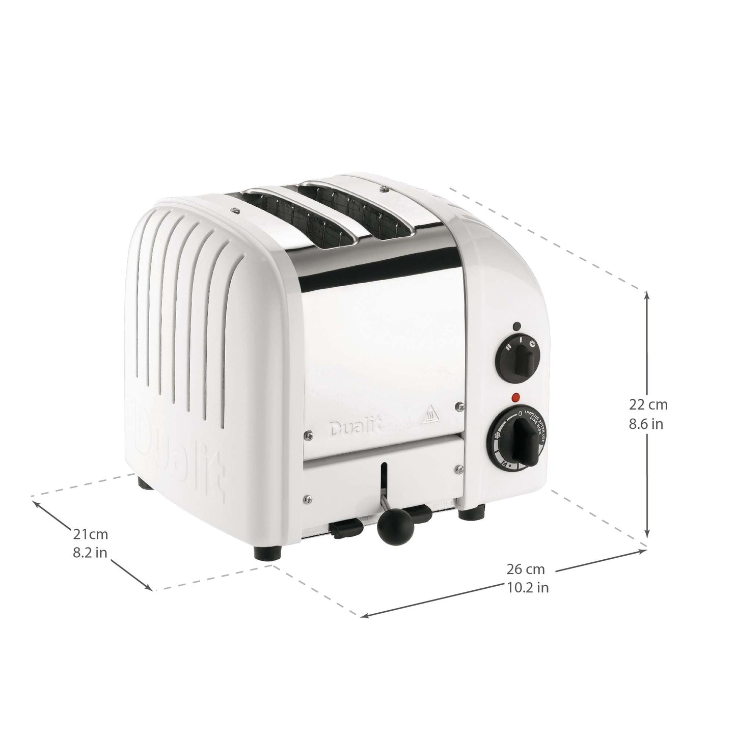 Dualit Classic White Toaster: 2-slice handmade toaster, replaceable elements, defrost, mechanical timer, durable premium design.