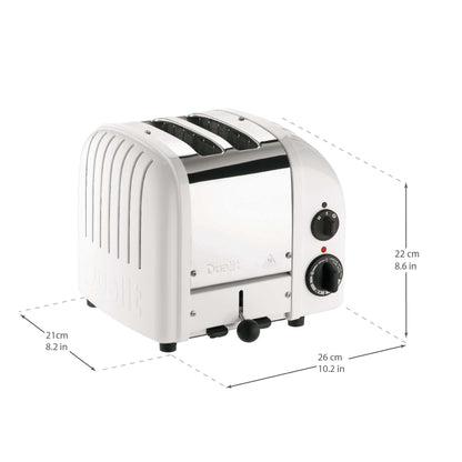 Dualit Classic White Toaster: 2-slice handmade toaster, replaceable elements, defrost, mechanical timer, durable premium design.