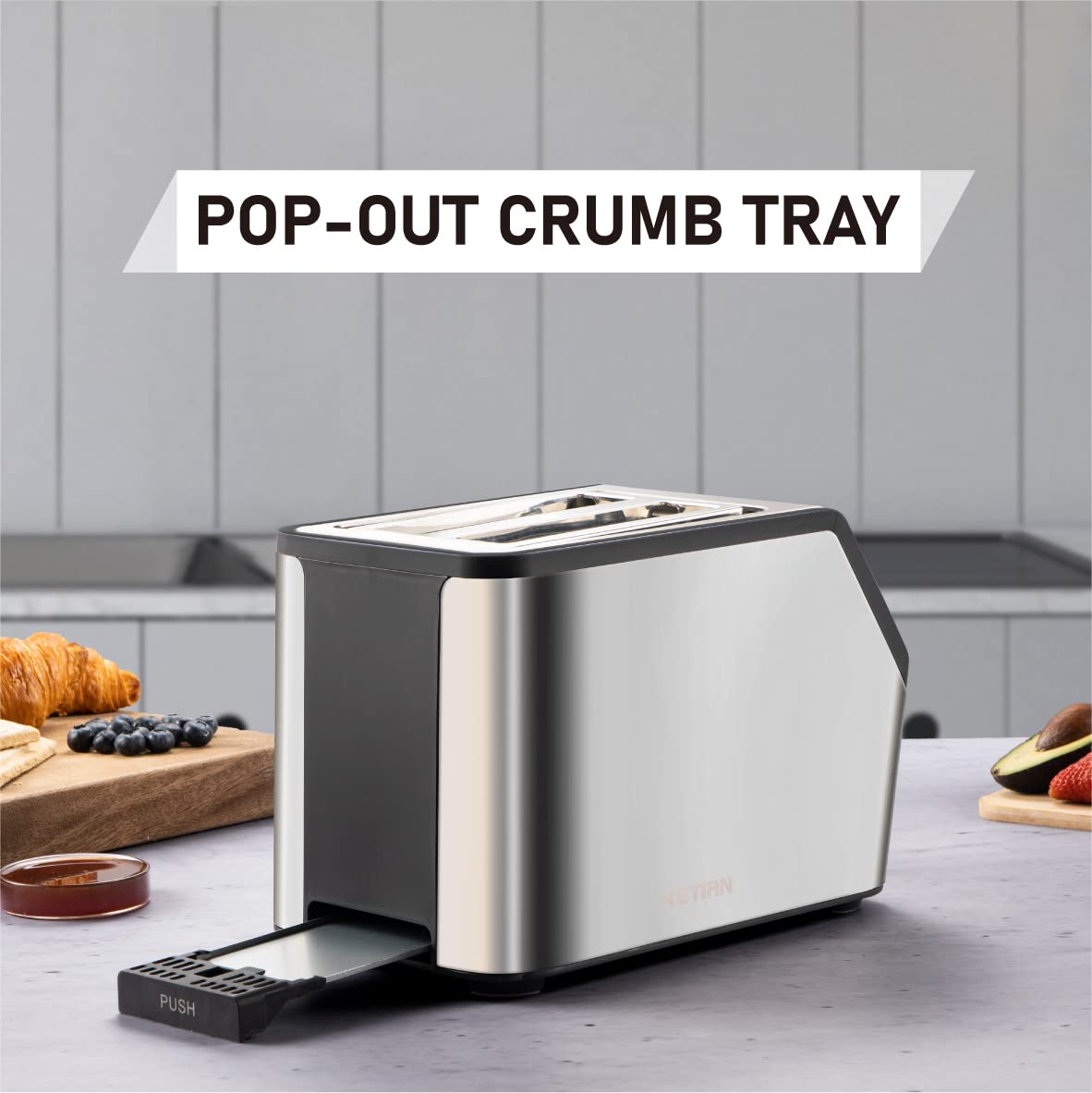 KETIAN Smart Toaster: touchscreen 2-slice toaster, fast heating, multiple settings, stainless steel design.