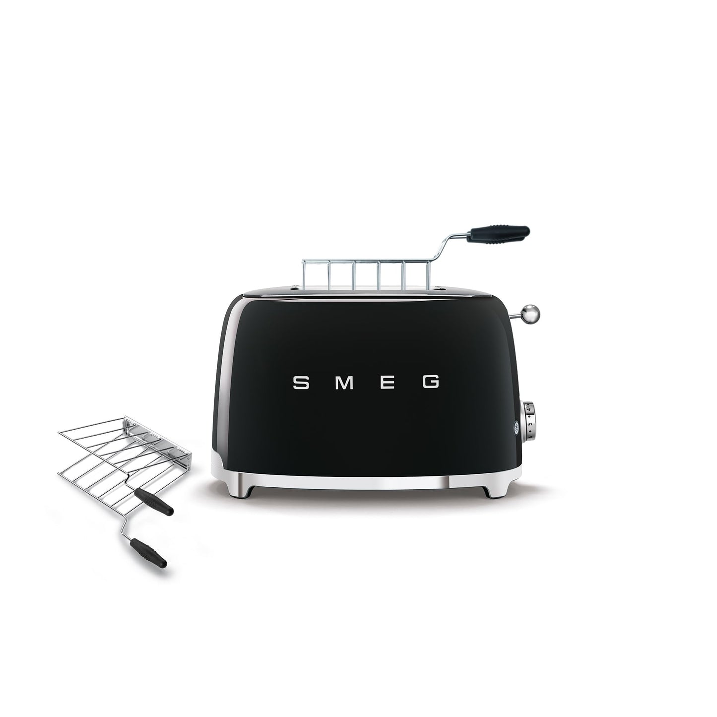 SMEG TSF01 Toaster: 2-slice retro toaster with sandwich racks, 6 levels, defrost, bagel mode, stylish black finish.