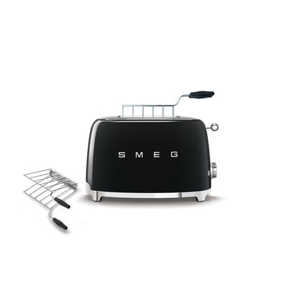 SMEG TSF01 Toaster: 2-slice retro toaster with sandwich racks, 6 levels, defrost, bagel mode, stylish black finish.