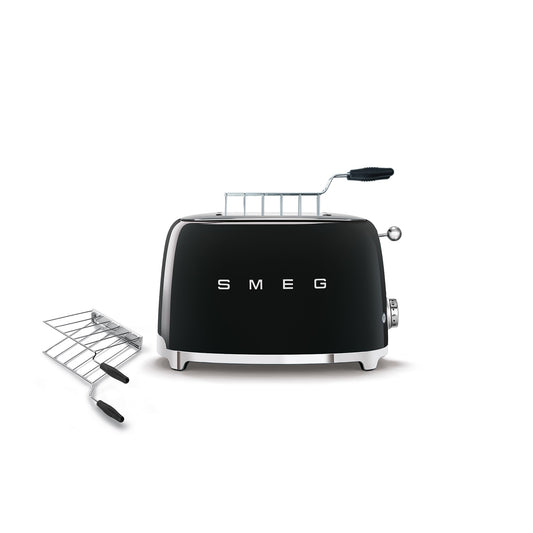 SMEG TSF01 Toaster: 2-slice retro toaster with sandwich racks, 6 levels, defrost, bagel mode, stylish black finish.
