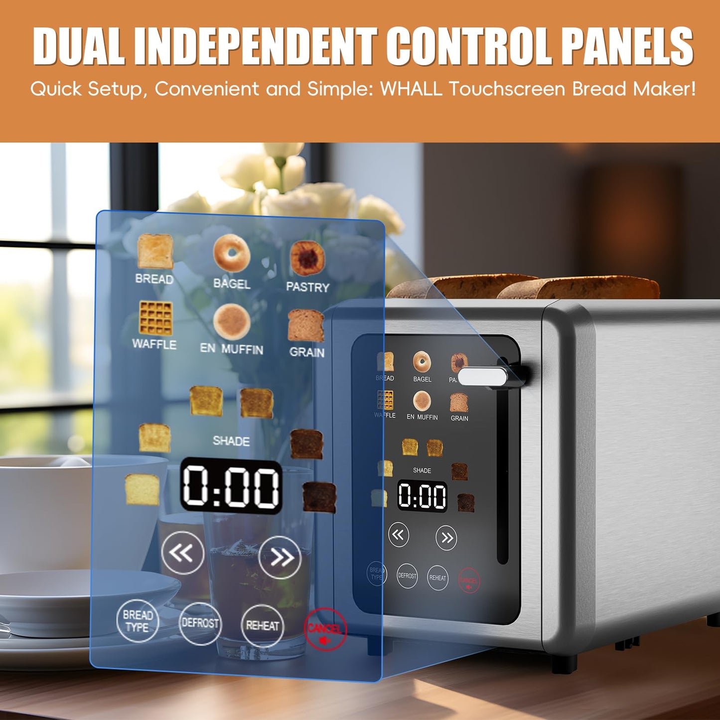 WUNLY Smart Toaster: 2-slice digital toaster, touchscreen, dual control panels, 6 settings, modern design.
