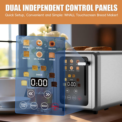 WUNLY Smart Toaster: 2-slice digital toaster, touchscreen, dual control panels, 6 settings, modern design.