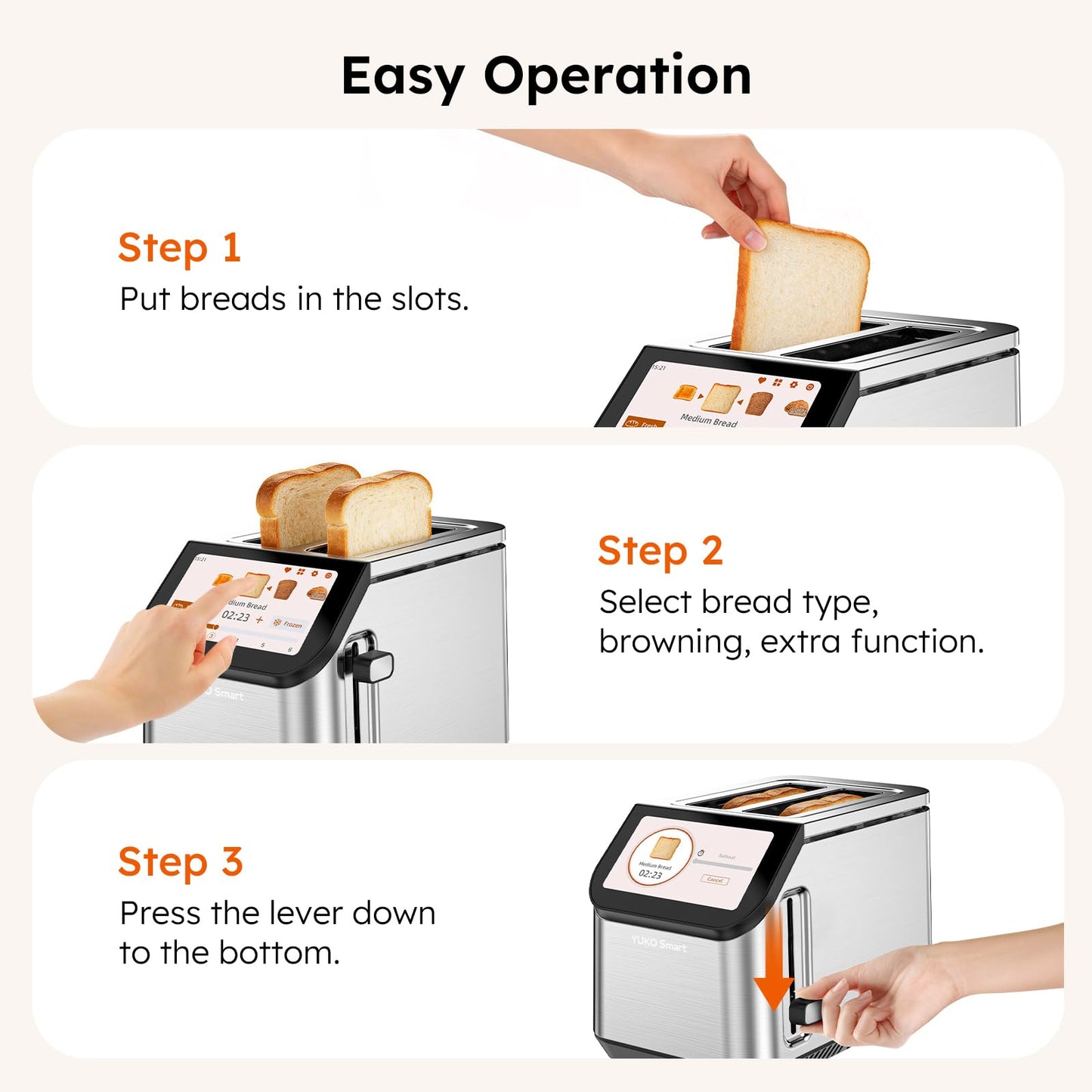 Smart LCD Toaster: 2-slice toaster with touchscreen, memory function, 10 bread types, 6 shade settings, fast even toasting.