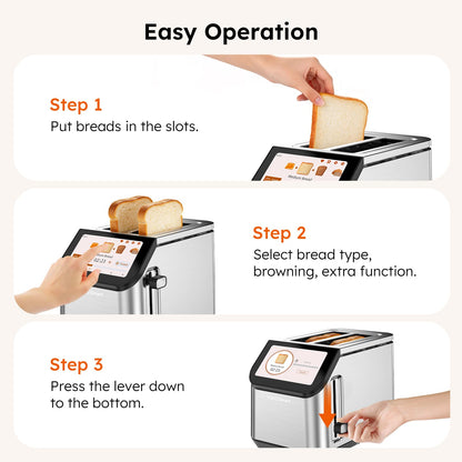 Smart LCD Toaster: 2-slice toaster with touchscreen, memory function, 10 bread types, 6 shade settings, fast even toasting.