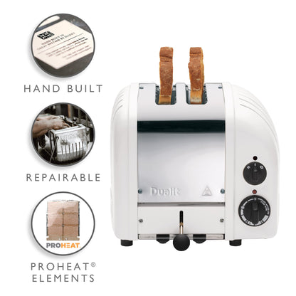 Dualit Classic White Toaster: 2-slice handmade toaster, replaceable elements, defrost, mechanical timer, durable premium design.