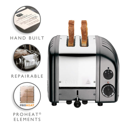 Dualit Classic Charcoal Toaster: 2-slice stainless steel toaster, handcrafted, replaceable elements, defrost, reliable performance.