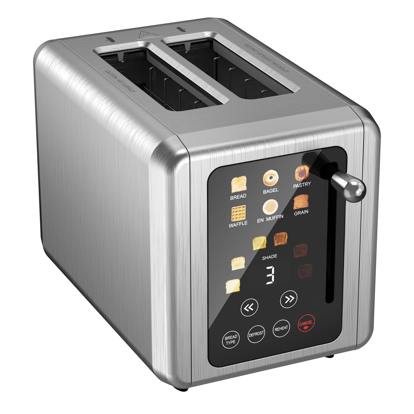 WHALL Touchscreen Toaster: 2-slice smart toaster, digital timer, 6 bread types, wide slots, defrost and cancel functions.