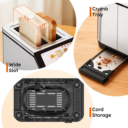 Smart LCD Toaster: 2-slice toaster with touchscreen, memory function, 10 bread types, 6 shade settings, fast even toasting.