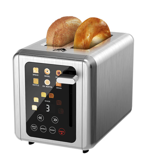 WUNLY Smart Toaster: 2-slice digital toaster, touchscreen, dual control panels, 6 settings, modern design.