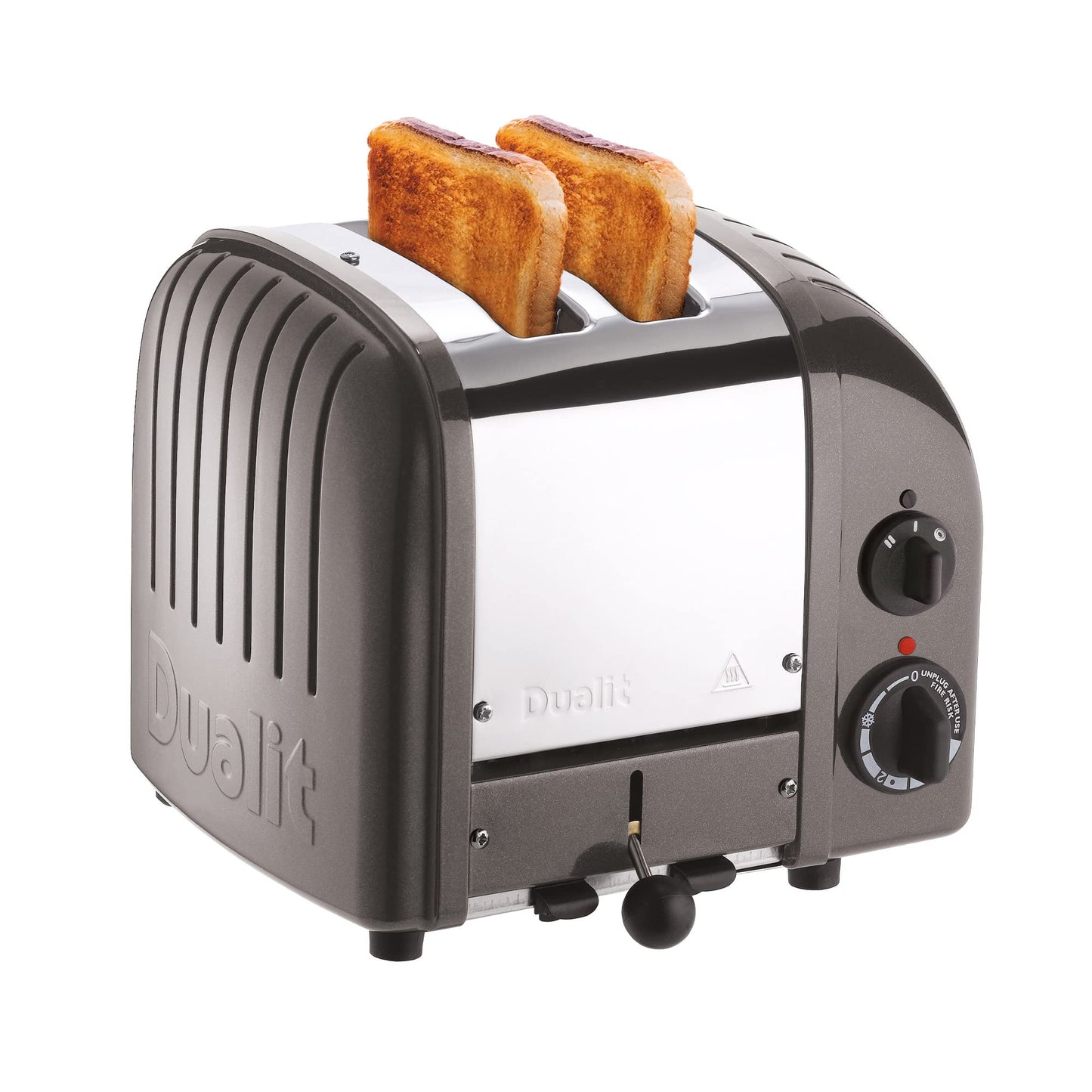 Dualit Classic Charcoal Toaster: 2-slice stainless steel toaster, handcrafted, replaceable elements, defrost, reliable performance.