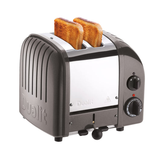 Dualit Classic Charcoal Toaster: 2-slice stainless steel toaster, handcrafted, replaceable elements, defrost, reliable performance.