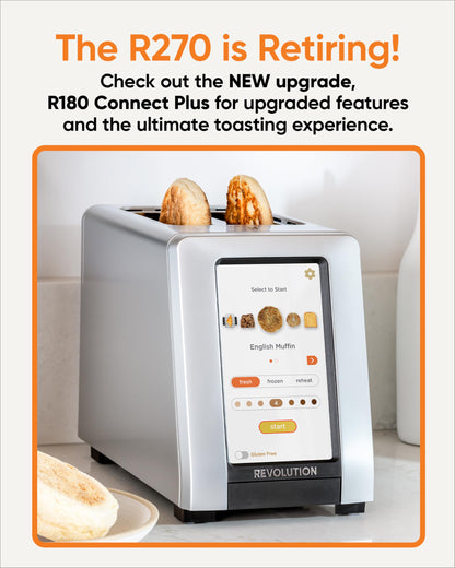 Revolution R270 Toaster: smart 2-slice toaster, touchscreen, InstaGLO tech, 16 bread modes, fast high-end performance.