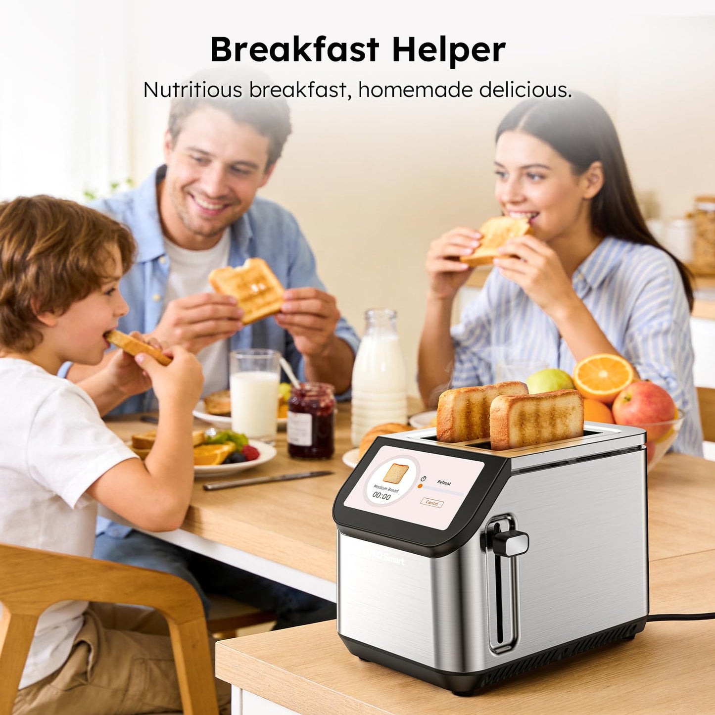 Smart LCD Toaster: 2-slice toaster with touchscreen, memory function, 10 bread types, 6 shade settings, fast even toasting.