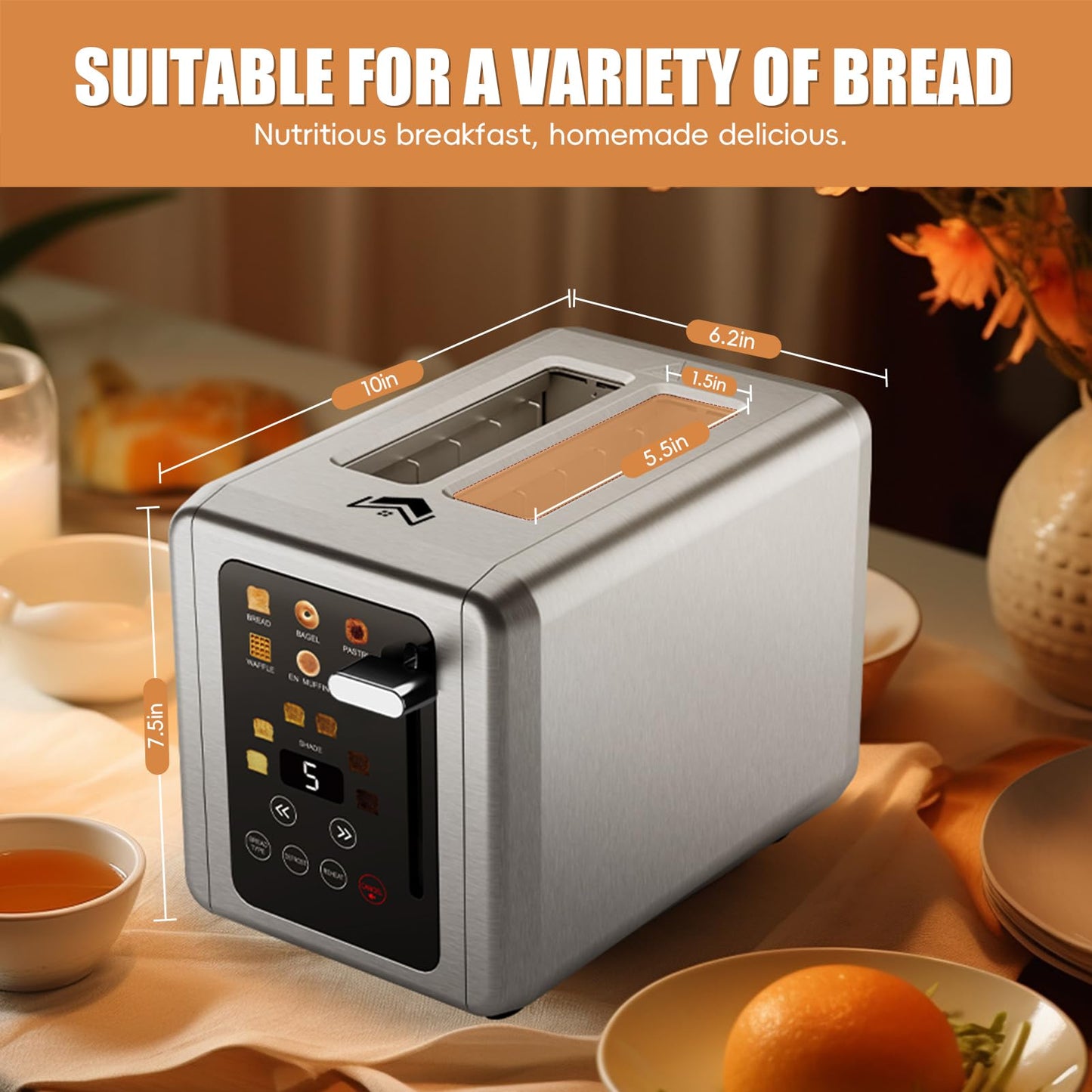 WUNLY Smart Toaster: 2-slice digital toaster, touchscreen, dual control panels, 6 settings, modern design.