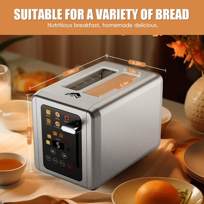 WUNLY Smart Toaster: 2-slice digital toaster, touchscreen, dual control panels, 6 settings, modern design.