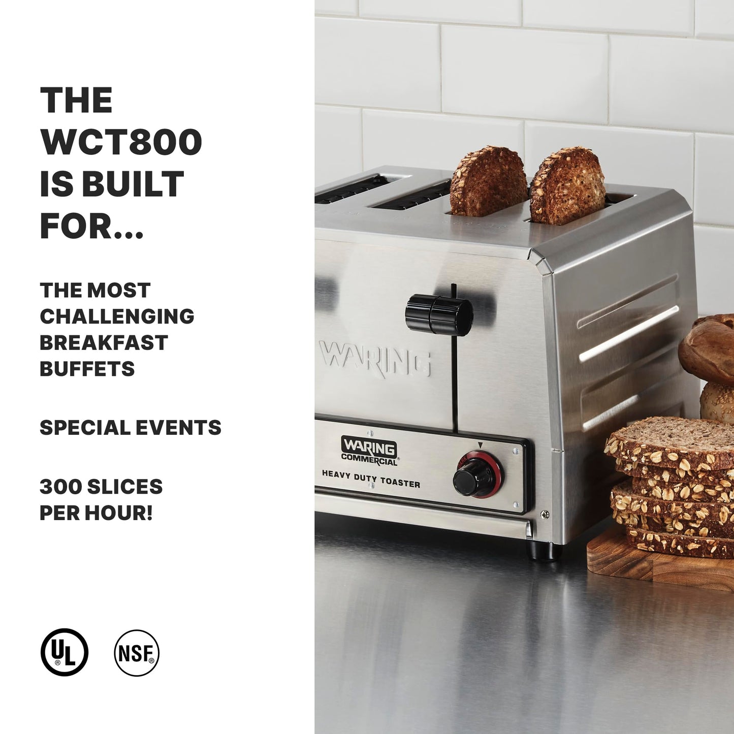 Waring Commercial WCT800 4-Slice Heavy Duty Commercial Pop-Up Toaster, 120V, 2200W5-20 Phase Plug