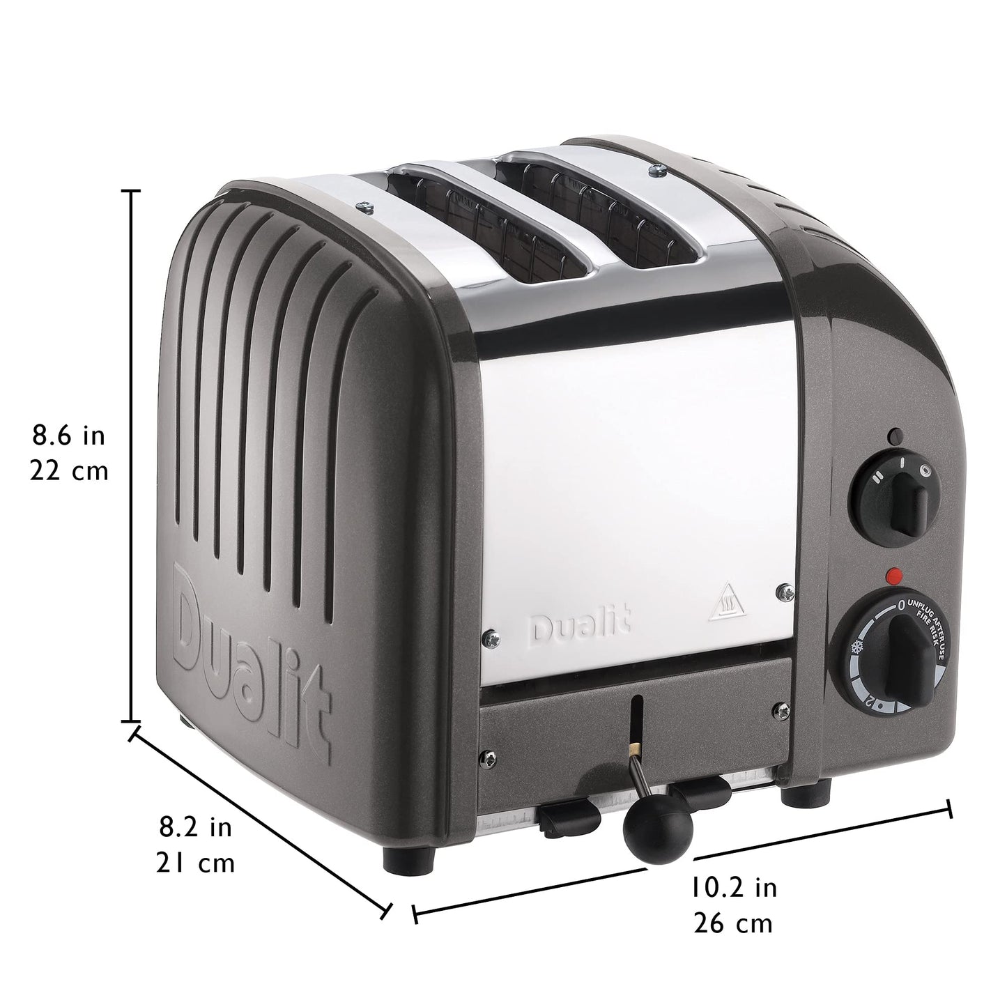 Dualit Classic Charcoal Toaster: 2-slice stainless steel toaster, handcrafted, replaceable elements, defrost, reliable performance.