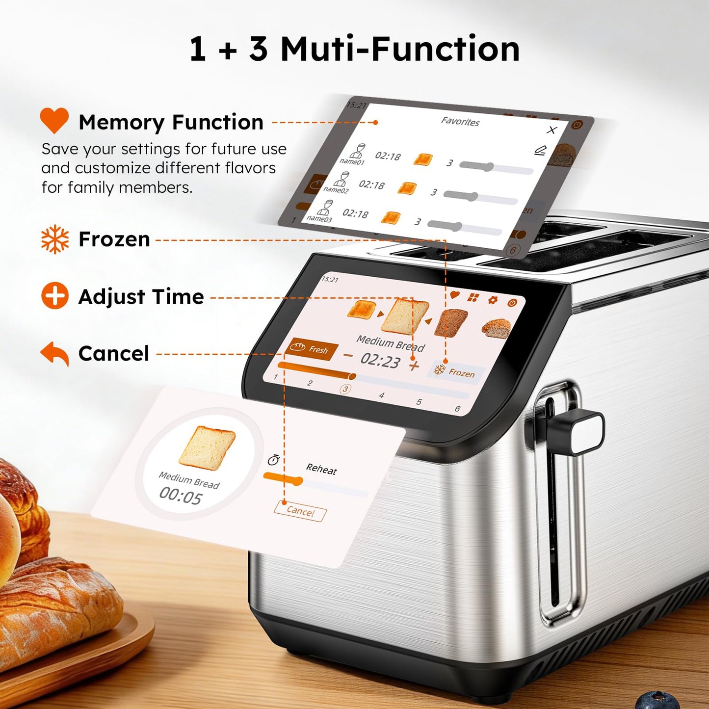 Smart LCD Toaster: 2-slice toaster with touchscreen, memory function, 10 bread types, 6 shade settings, fast even toasting.