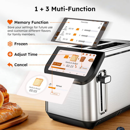 Smart LCD Toaster: 2-slice toaster with touchscreen, memory function, 10 bread types, 6 shade settings, fast even toasting.
