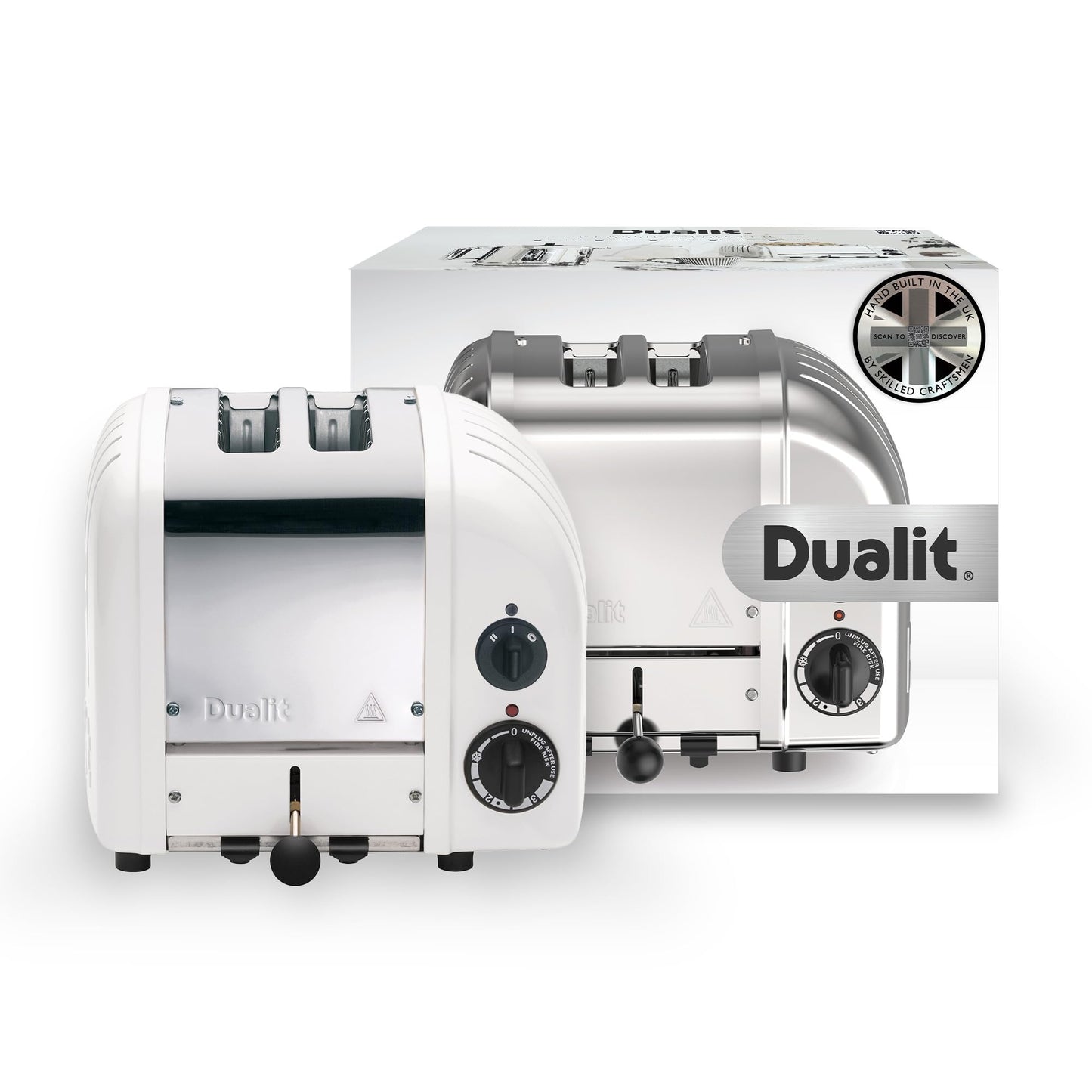 Dualit Classic White Toaster: 2-slice handmade toaster, replaceable elements, defrost, mechanical timer, durable premium design.
