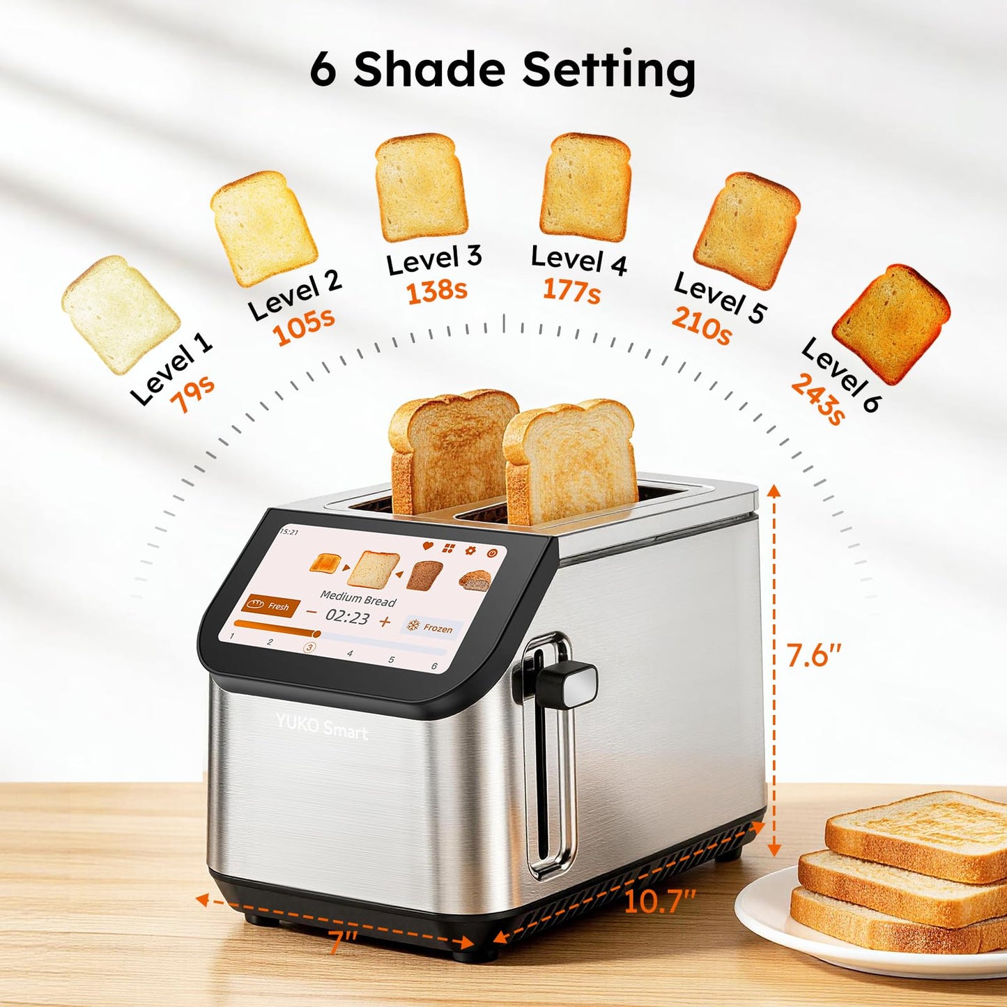 Smart LCD Toaster: 2-slice toaster with touchscreen, memory function, 10 bread types, 6 shade settings, fast even toasting.