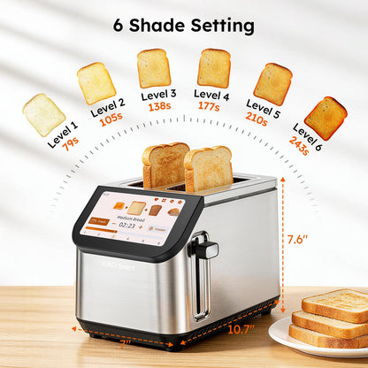 Smart LCD Toaster: 2-slice toaster with touchscreen, memory function, 10 bread types, 6 shade settings, fast even toasting.