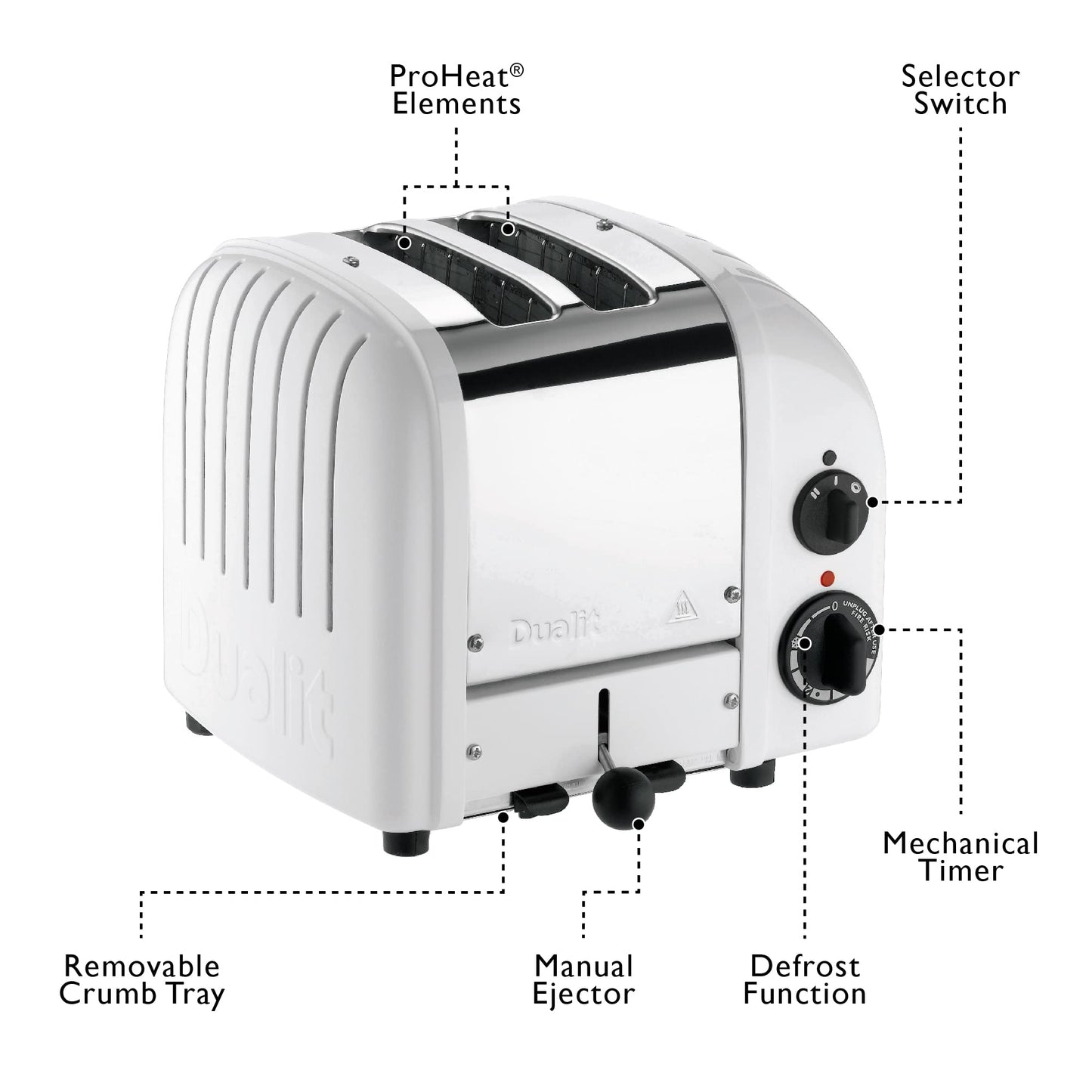 Dualit Classic White Toaster: 2-slice handmade toaster, replaceable elements, defrost, mechanical timer, durable premium design.