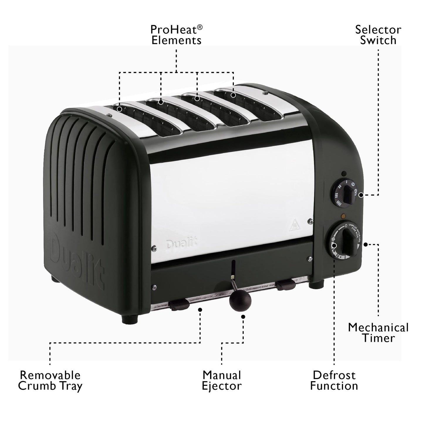 Dualit Classic 4 Slice Toaster: stainless steel build, handcrafted, 4-slice capacity, replaceable elements, ideal for families.