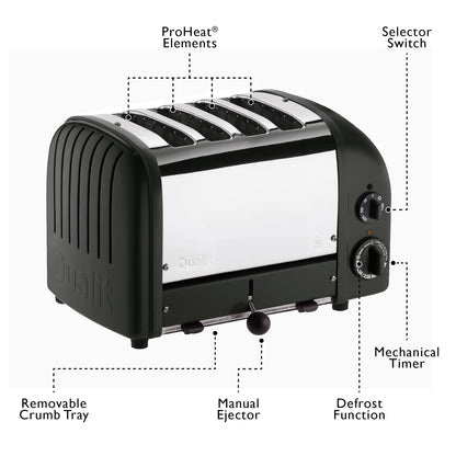Dualit Classic 4 Slice Toaster: stainless steel build, handcrafted, 4-slice capacity, replaceable elements, ideal for families.
